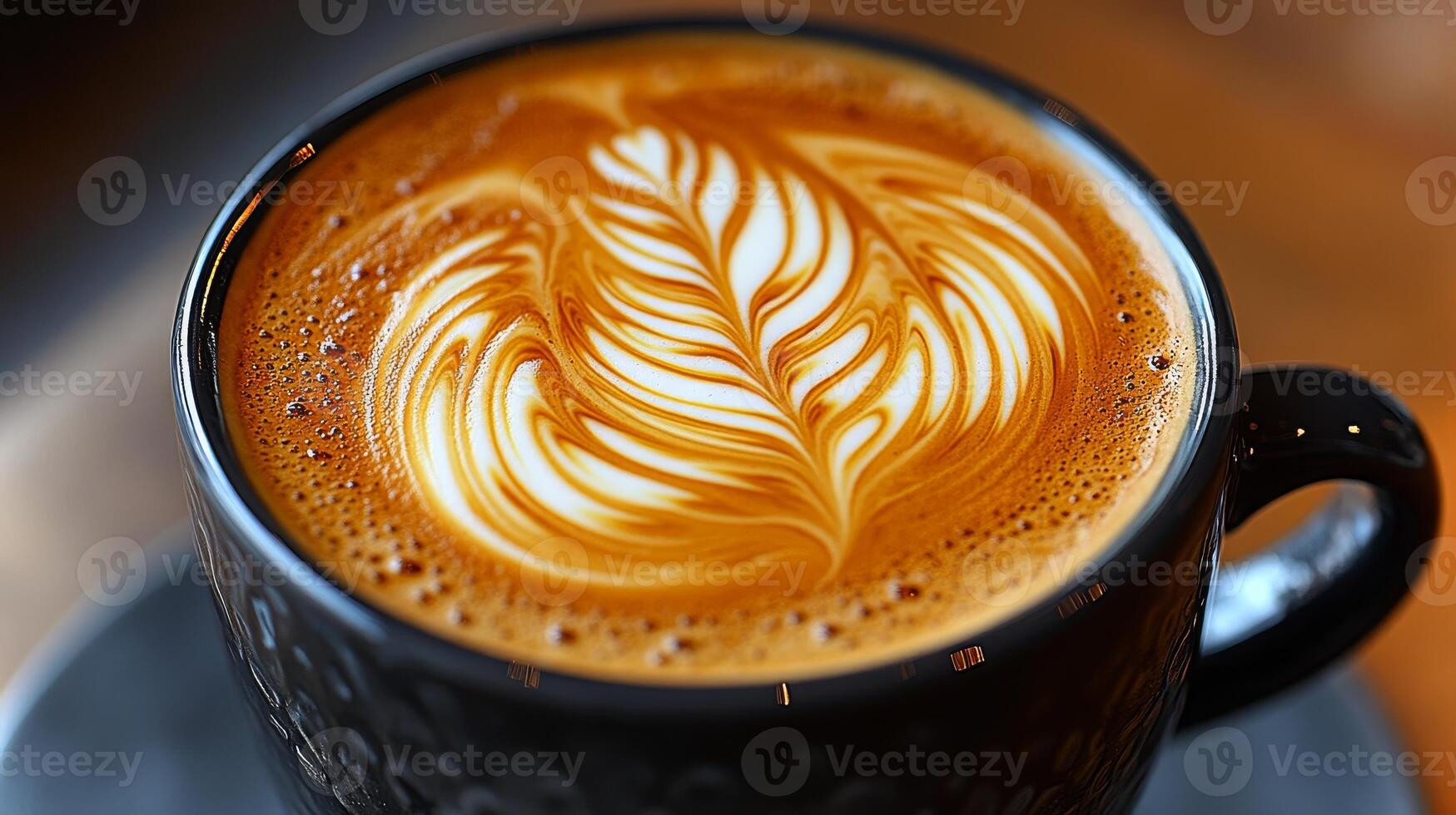 Warm latte in a black cup showcases intricate swirling patterns, inviting coffee lovers to savor the rich aroma in a cozy atmosphere at dawn. photo