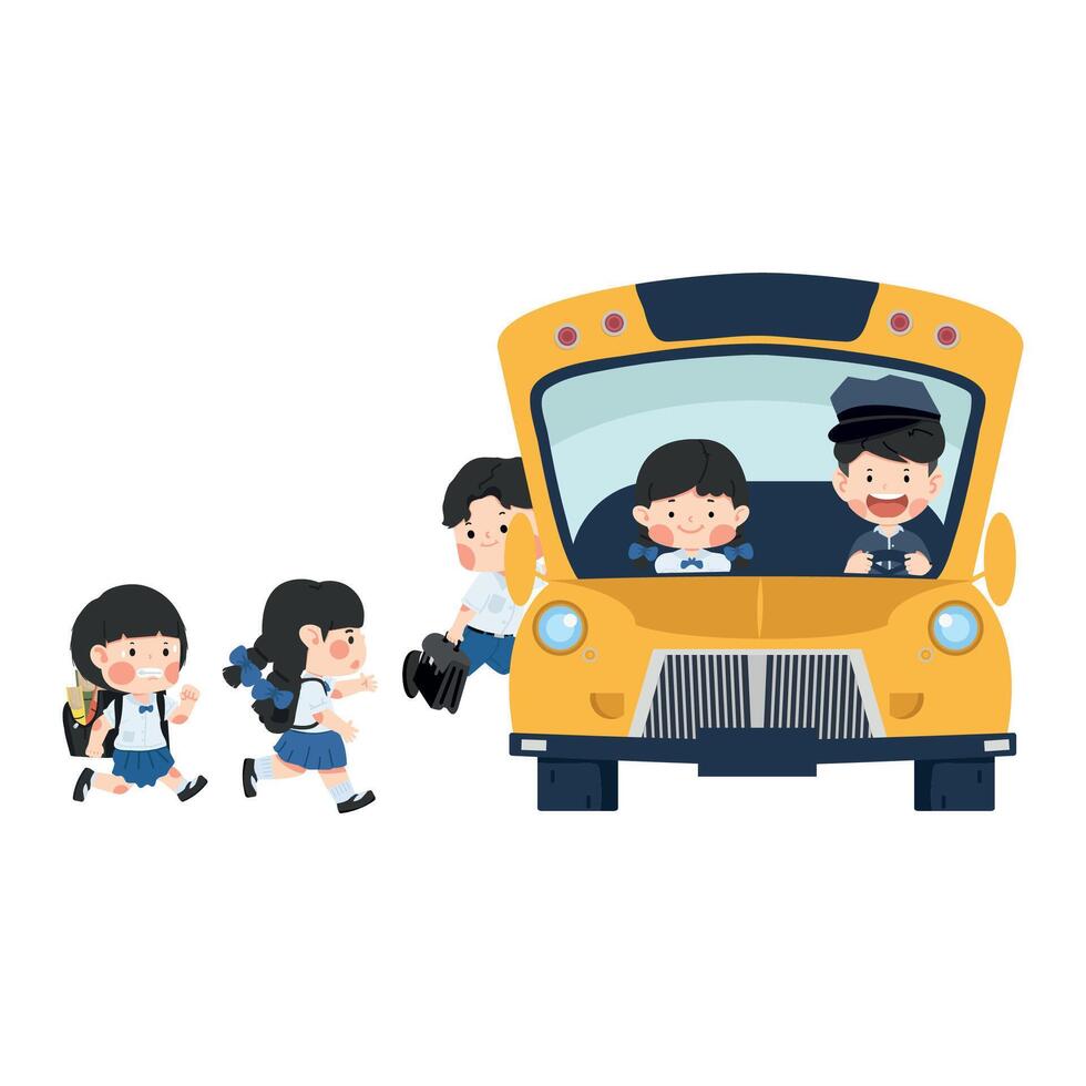 Students are walking onto the school bus vector