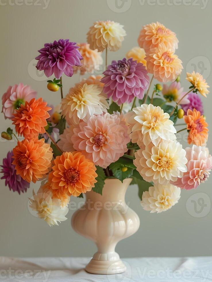 A vibrant flowerfilled vase adorns the table with colorful petals photo