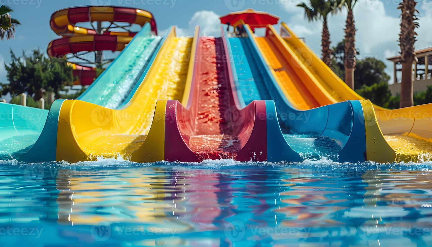 Aqua park in the city with magenta slides and pool for leisure and recreation photo