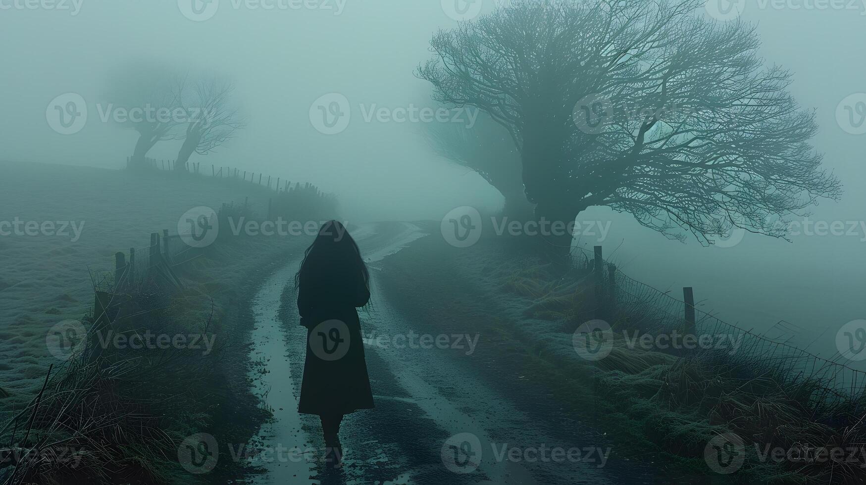 A figure on a misty road in morning fog, creating isolated landscape photo