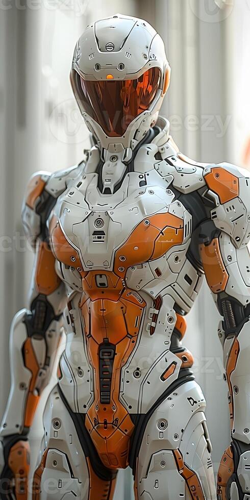 Advanced Robotic Suit with Orange and White Design photo