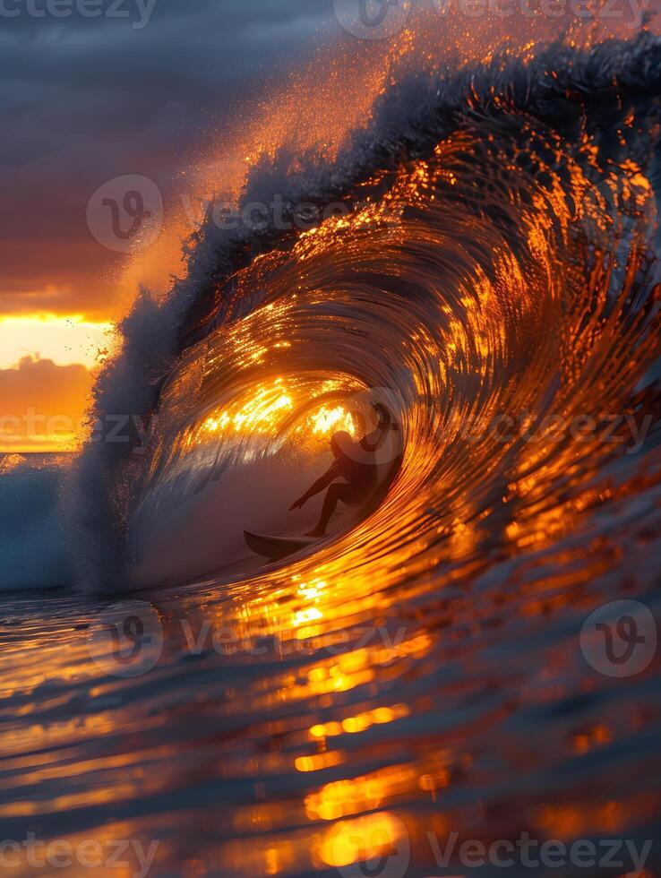 Surfer Riding Wave at Sunset in Vibrant Ocean Scene photo