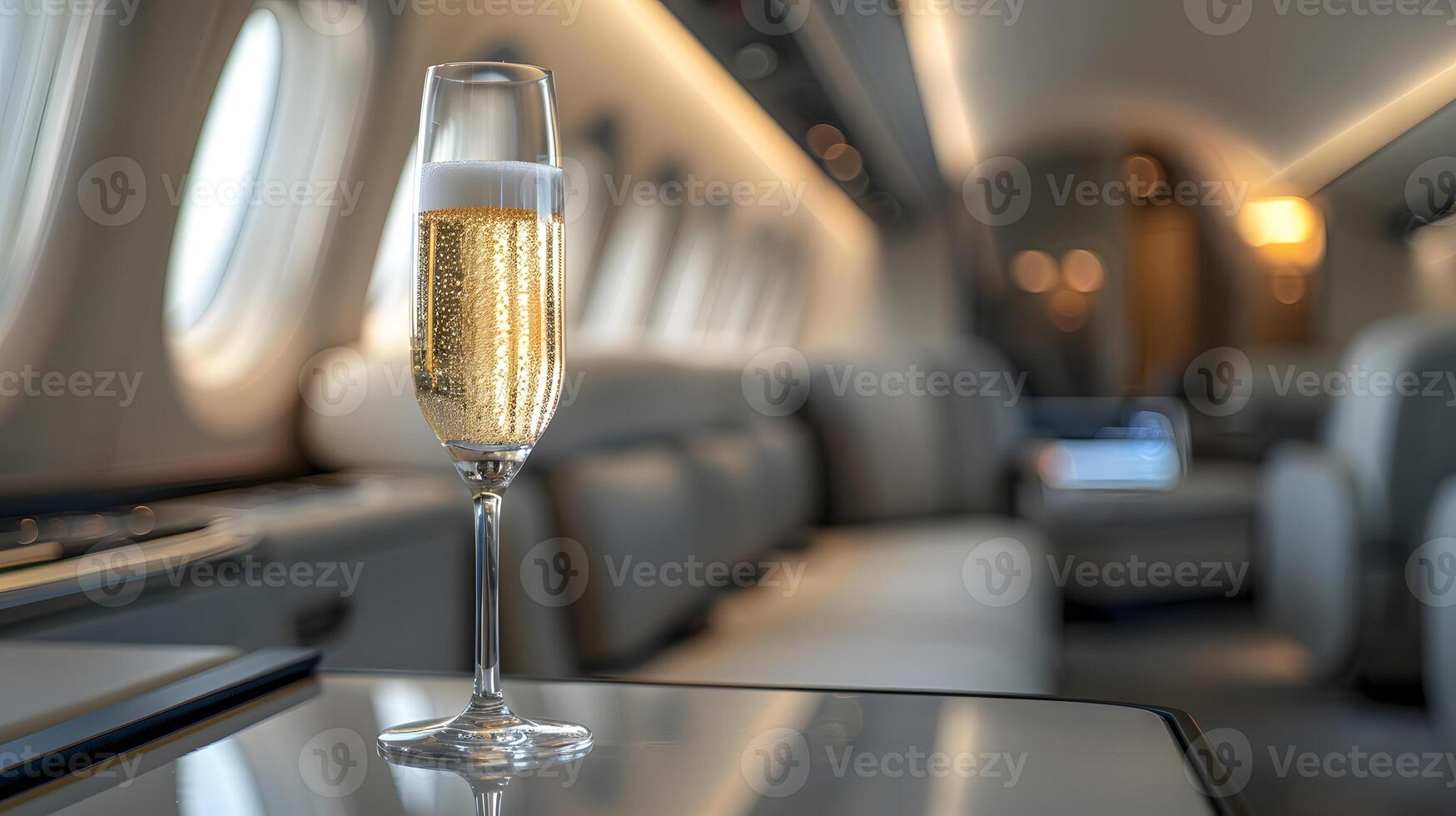 Stemware filled with champagne rests on airplane table photo