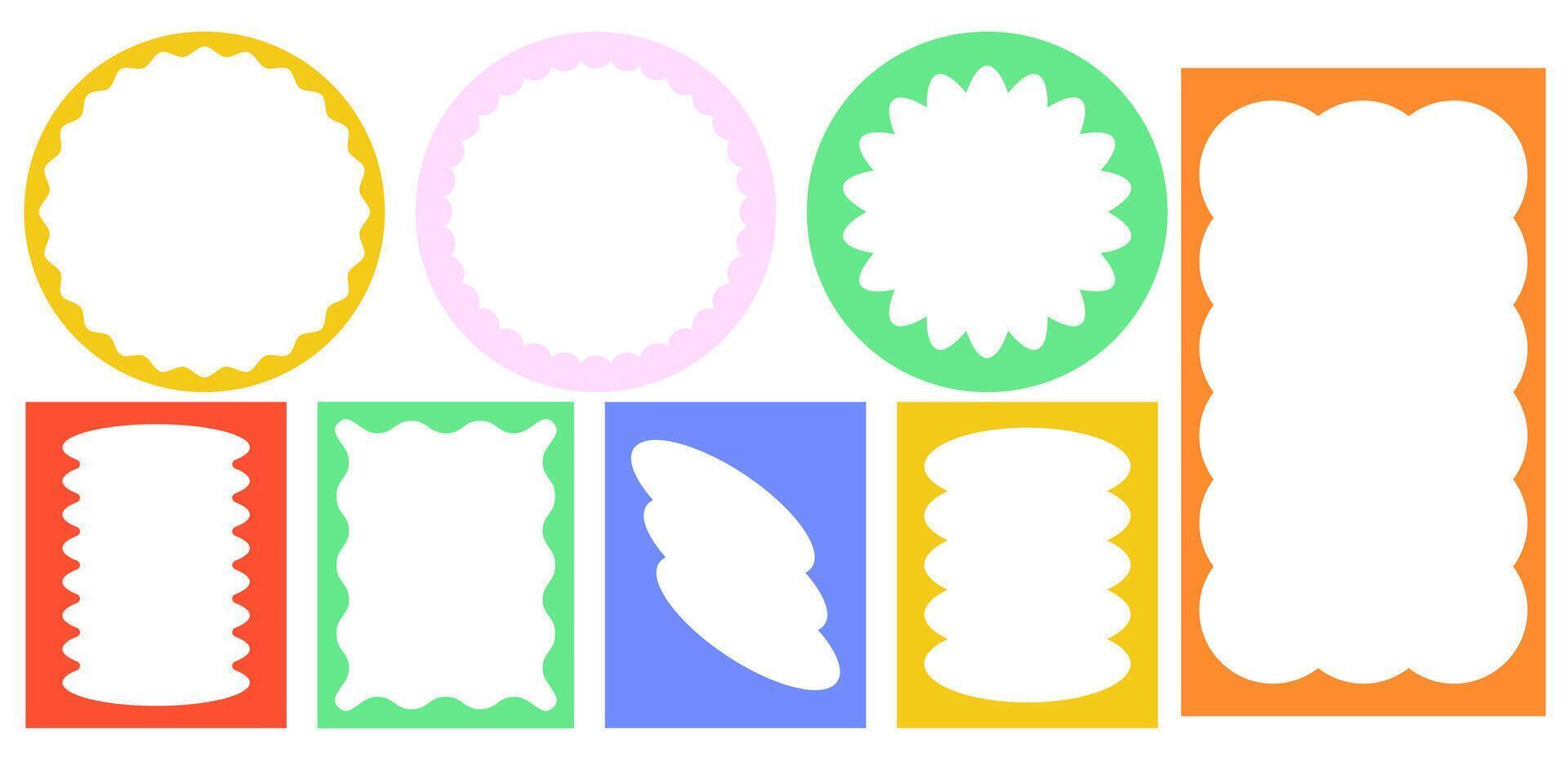 Hand drawn lace inner scalloped frames. Square, round and rectangle scalloped frames vector