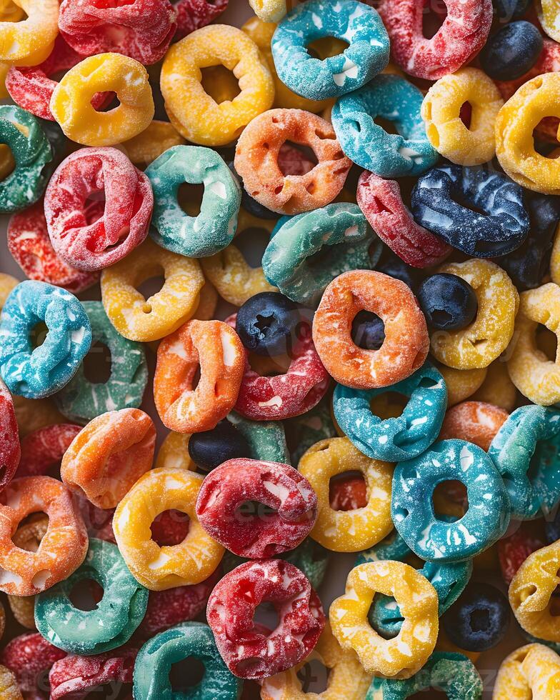 a close up of a pile of colorful cereal rings photo