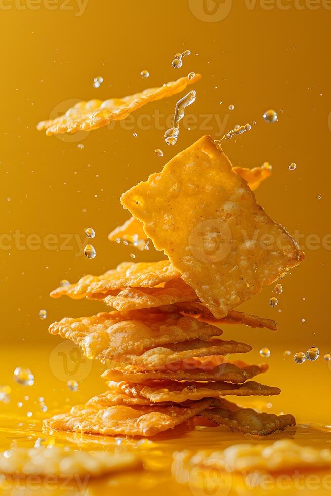 Amber liquid splashing over golden crackers on a yellow background photo