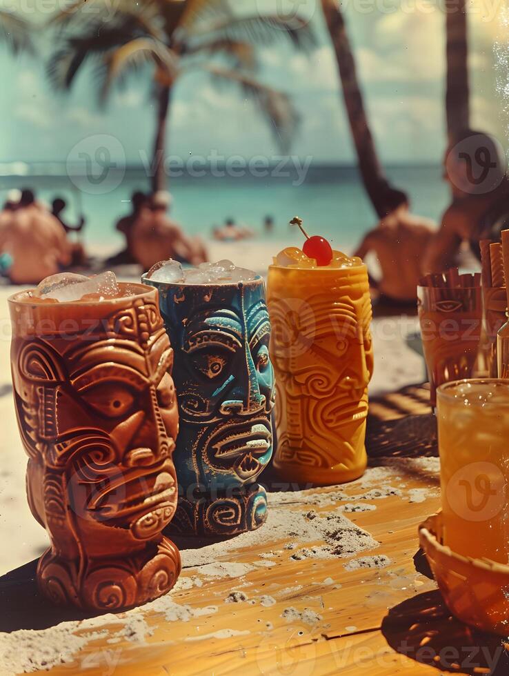 Colorful Tiki Drinks on Tropical Beach with Palm Trees photo
