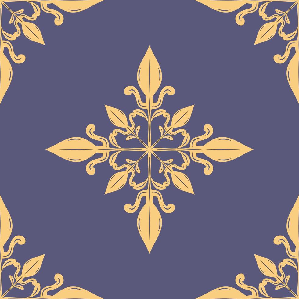 Detailed Elaborate Fancy Fleur De lis Deluxe Royal Gold Embroidery Scroll Ornament on Denim Blue Background Seamless Luxury Pattern Magnificent Gentle Silk Weaves Victorian Opulence Florals Decoration vector