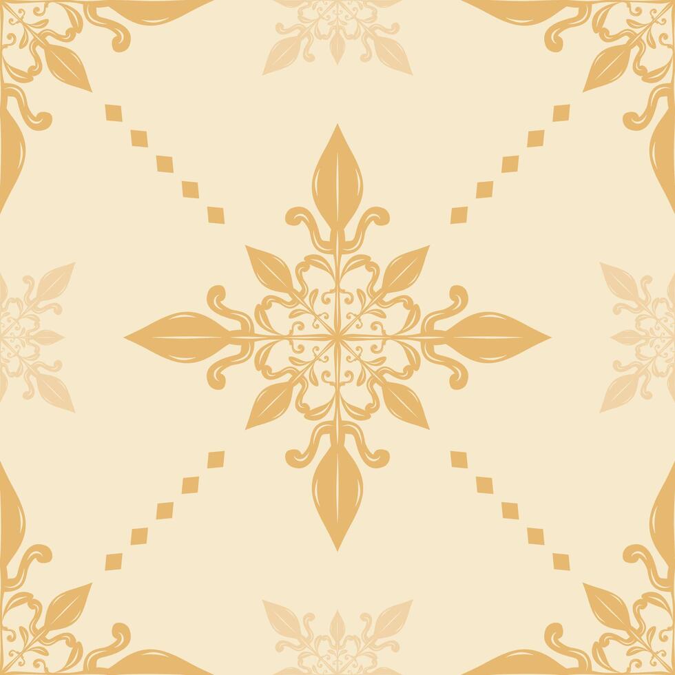 Queerly Bloom Seamless Pattern with Gold Silk Scroll Ornament on Beige Background Fleur de lis Geometry Elegant Rich Decoration Haute Couture Jacquard Embroidery Handkerchief Fabrics Apparel Wallpaper vector