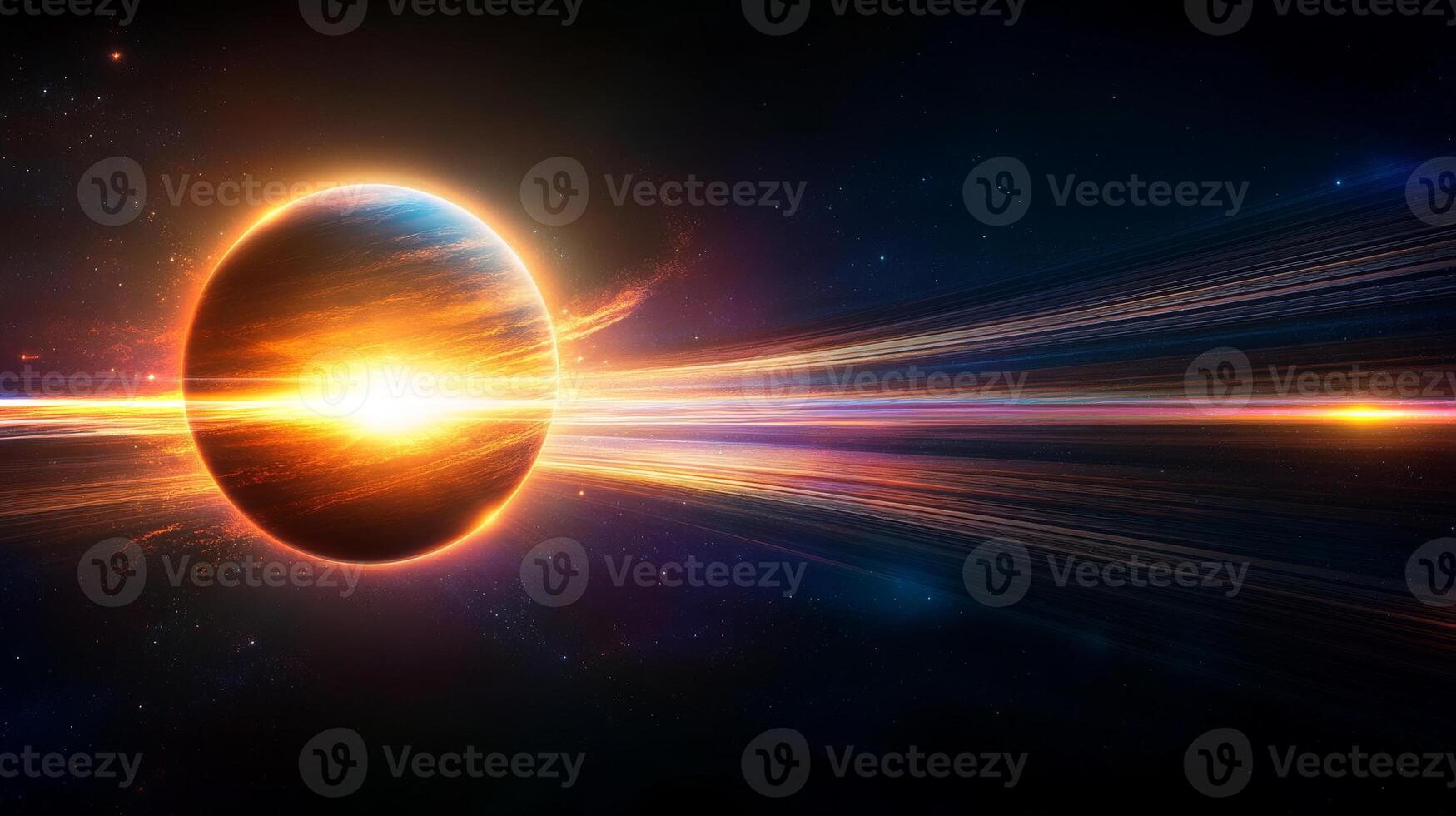 A vibrant cosmic landscape showcases a distant planet illuminated by intense light. photo