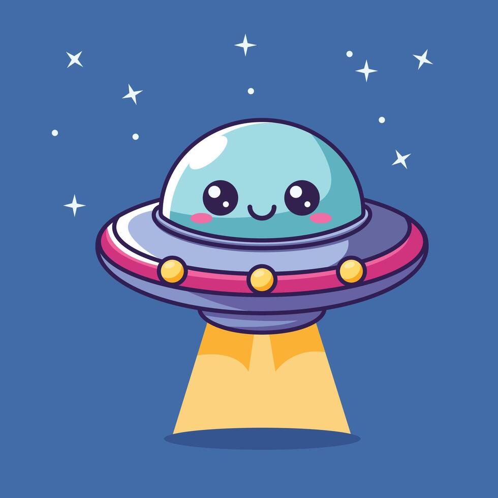 Cute UFO Flying In Space Cartoon Icon Illustration. Science Technology Icon Concept Isolated Premium . Flat Cartoon Style vector