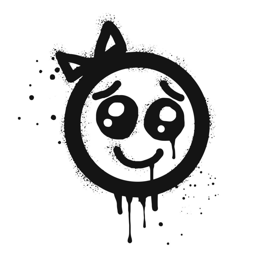 Smiling girl face emoticon character. Spray painted graffiti happy face in black over white. isolated on white background. vector
