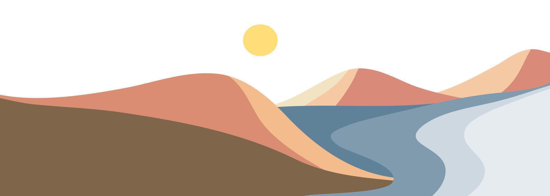 Flat design landscape background with mountains, sea, beach and hills. creative minimalist modern art print. use for print art, poster, cover,banner vector