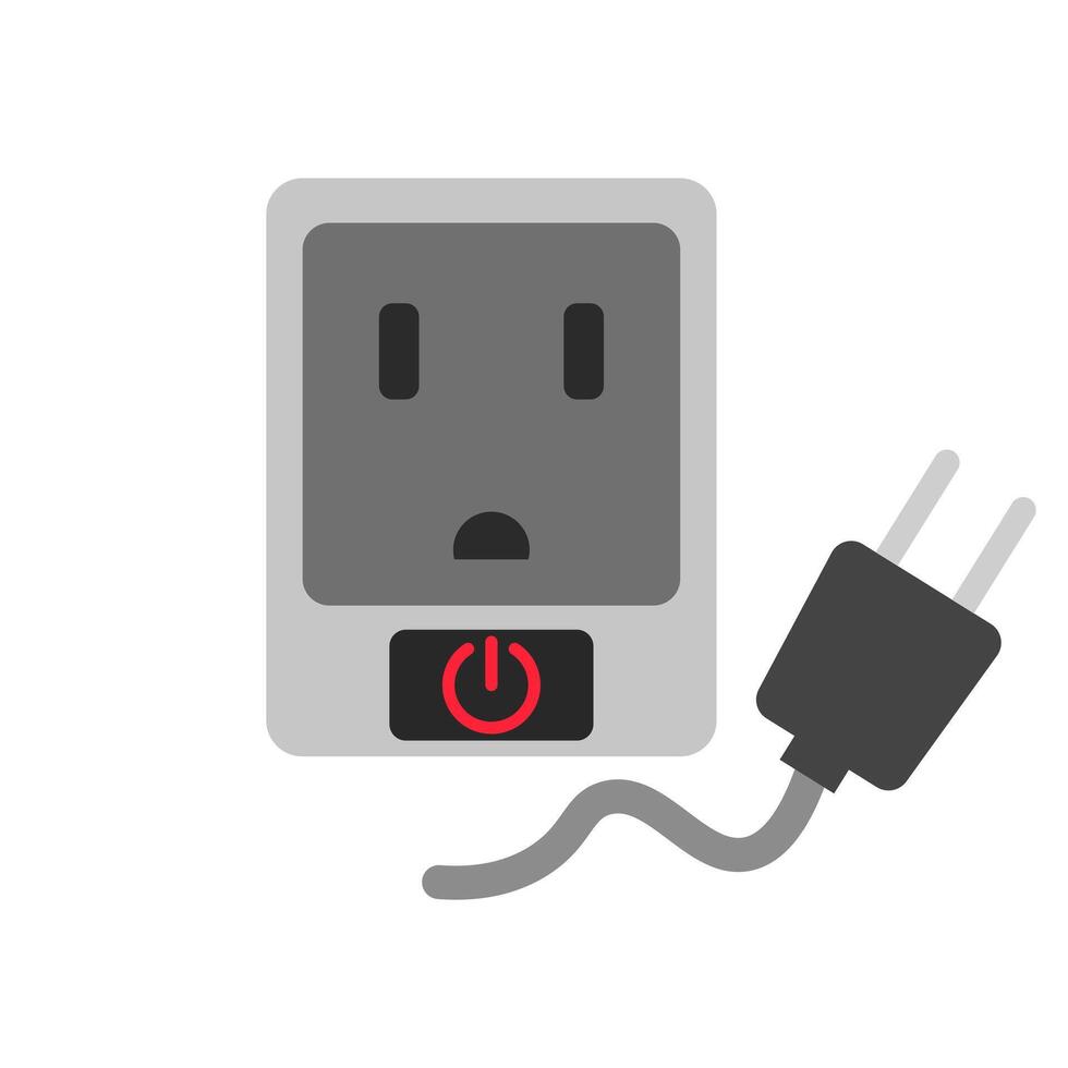 Power plugs and sockets. Below the slot, there is a red power button symbol. The design is flat and simple with shades of gray and red, making it suitable for technology related content. vector