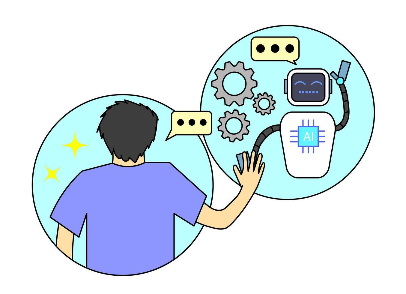 humans interact with AI companions represented by robots with screens displaying smiling faces. relevant for topics related to artificial intelligence, technology, and future innovations. vector