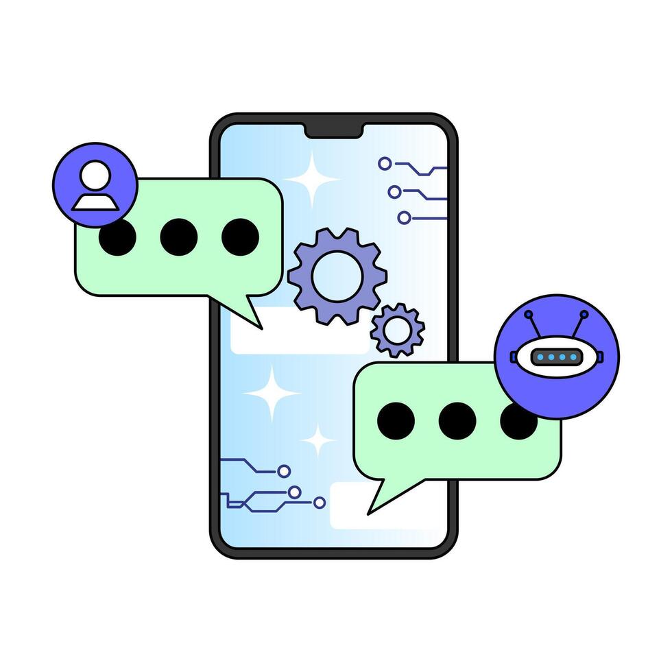 AI customer service agents interact via smartphone. Two speech the human user and thbubbles represente AI. relevant technology and automation in customer service vector