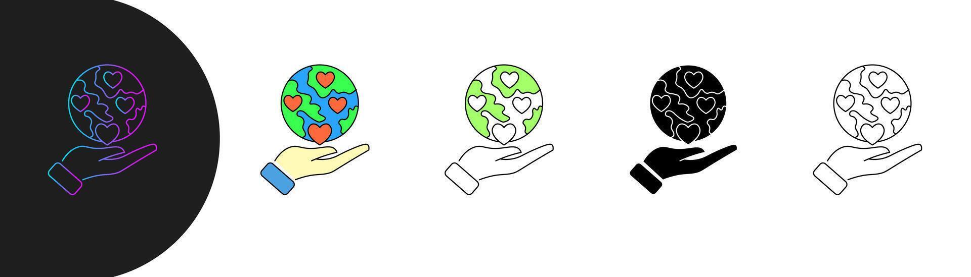 Earth icon features a hand holding a globe with a heart symbol, Minimalist design with various styles, gradients, fills, outlines symbolizing environmental awareness, sustainability. Editable strokes. vector