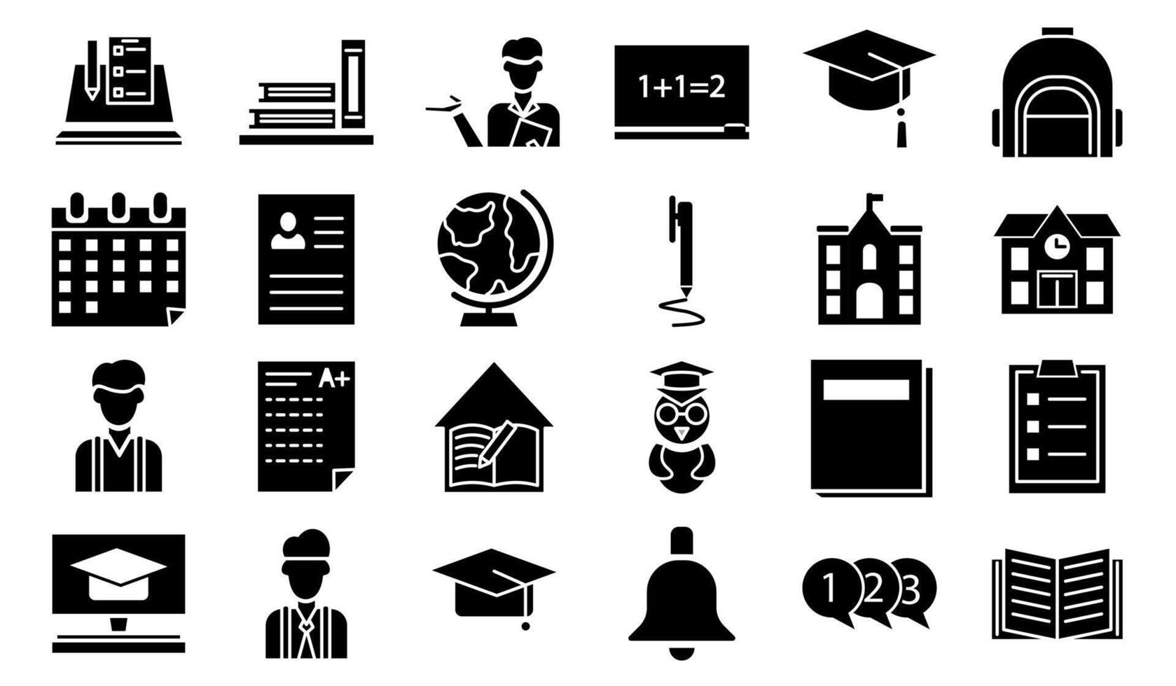A collection of black and white education icons representing various academic elements such as books, teachers, school buildings, graduation caps, a globe, and writing tools vector