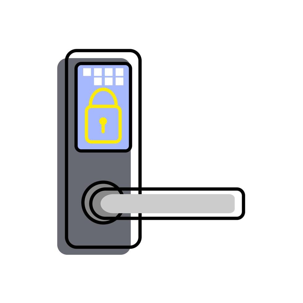 Modern electronic door lock with keypad and door handle. It has a digital display that displays a yellow padlock icon, indicating a secure locking mechanism. vector