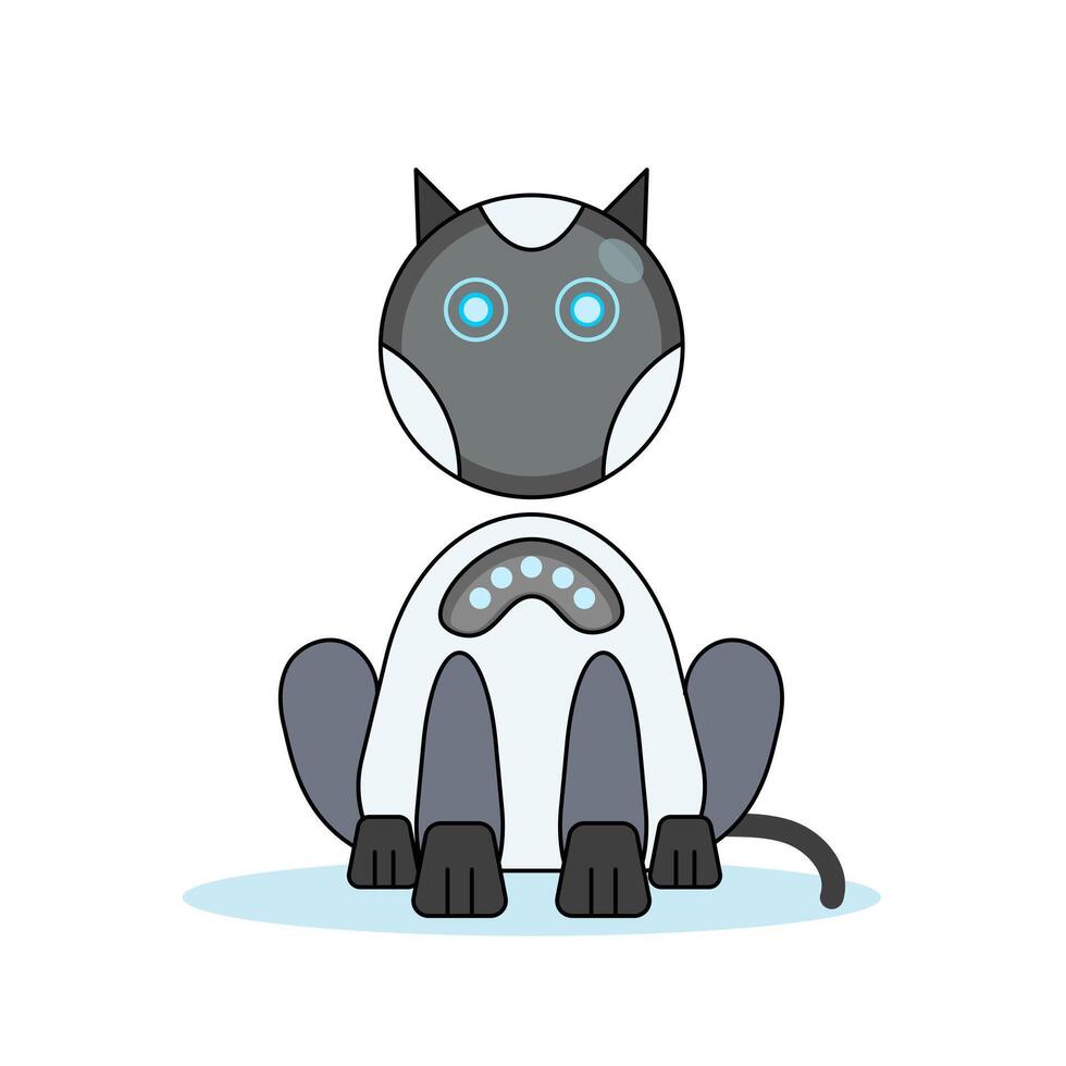 Futuristic AI robot cat. has a round head, glowing blue eyes, and a white and gray body. The cat is sitting and a small tail curls behind it. relevant to technology, robotics, and futuristic. vector