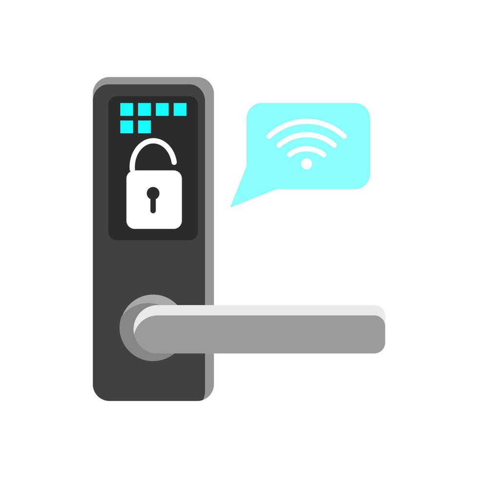 Smart lock with touchscreen interface and wireless connectivity. It symbolizes home security, modern access control and smart home automation vector