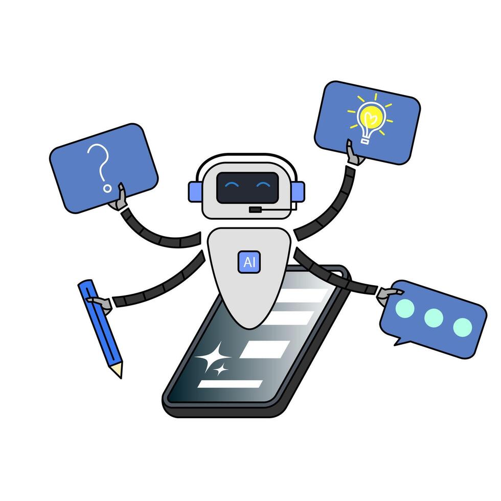 AI assistant robot with smartphone has four arms, holding different item icons. Relevant to AI assistance in various tasks, answering questions, giving ideas, writing, and communicating. vector