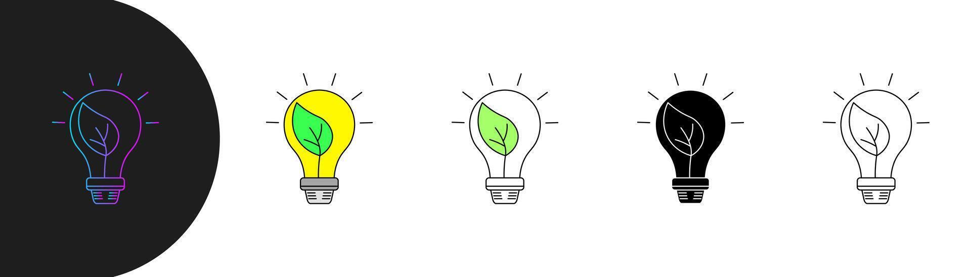 Eco friendly light bulb icon set with minimalist line design, featuring leaves inside to symbolize green energy and sustainability. With gradient, fill, solid and line variations. Editable stroke vector