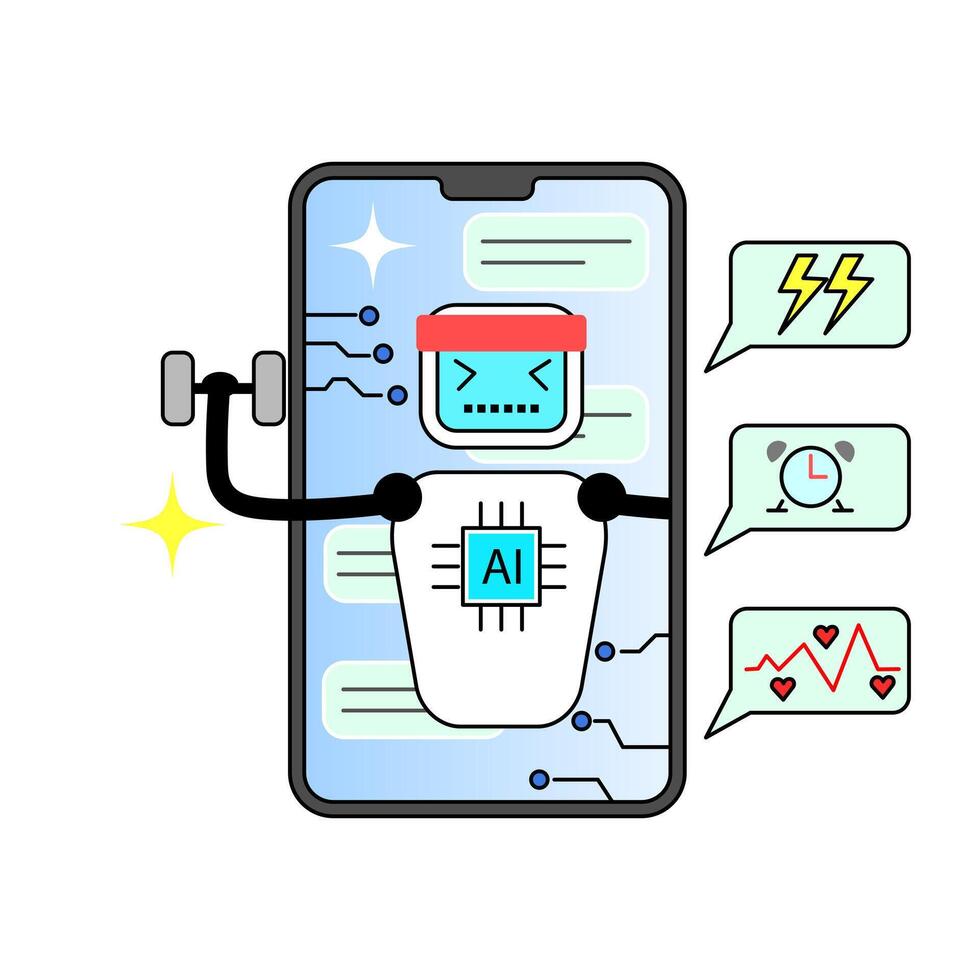 The AI personal trainer is represented by a robot that appears from a smartphone screen and has a microchip labeled AI. The robot holds a dumbbell in one hand, which symbolizes fitness training. vector