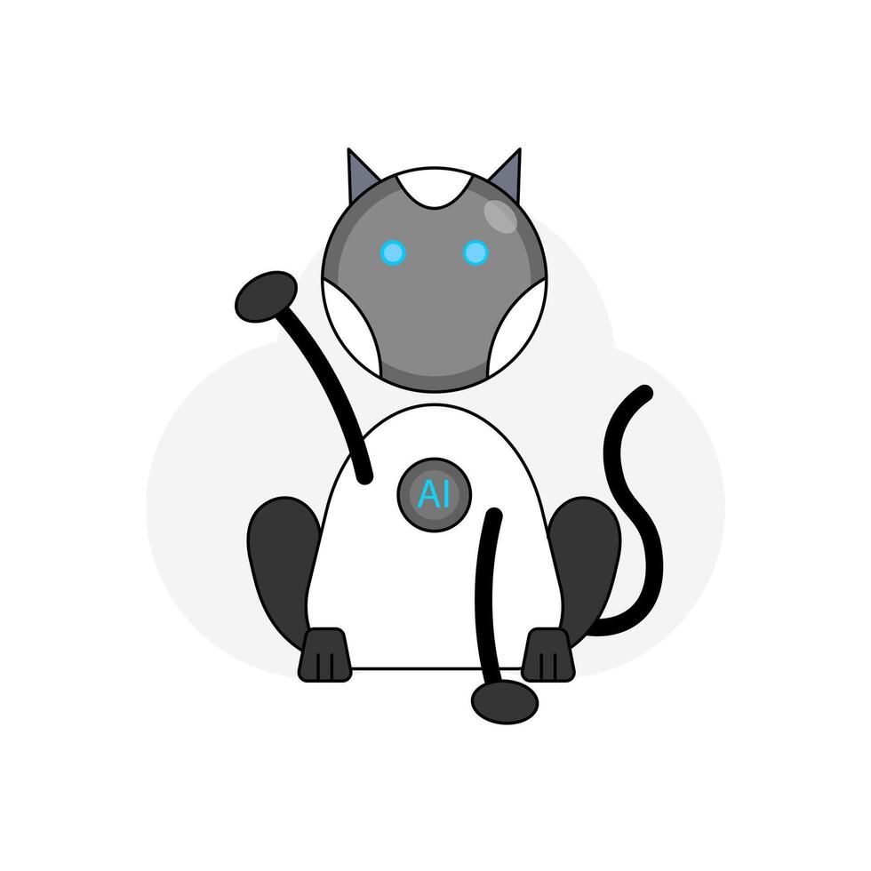 AI robot cat illustration with futuristic design, featuring white body, black limbs, and grey head with blue eyes.. suitable for technology, artificial intelligence, and pet themes. vector