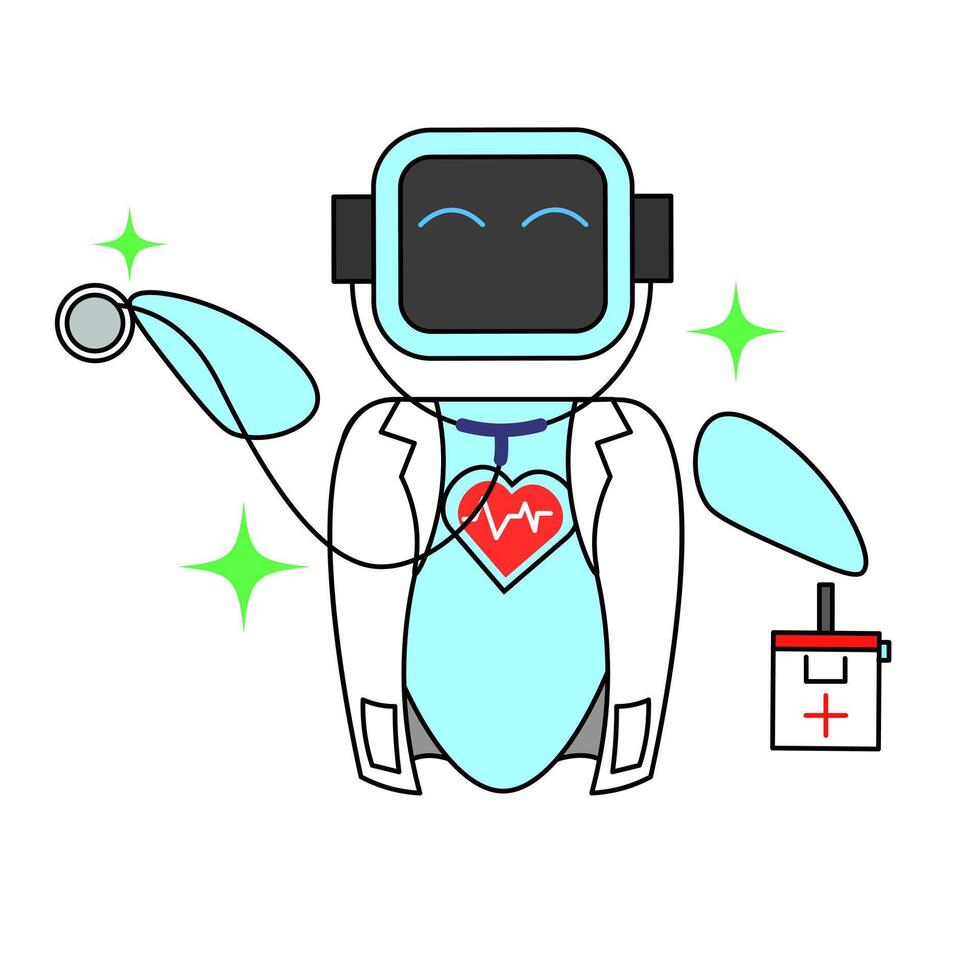 AI healthcare robot illustration.The robot is wearing a white lab coat, holding a stethoscope and a medical box.Ideal for representing AI in healthcare, medical technology and future medical services. vector