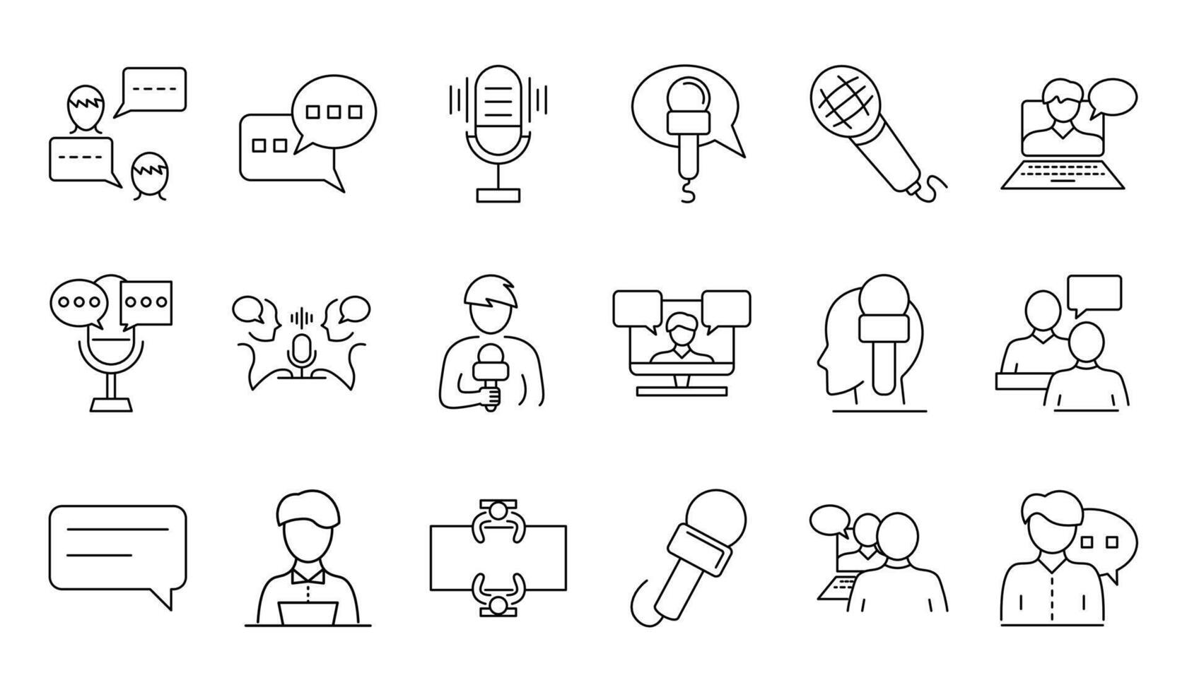 A set of minimalist line icons representing interviews, journalism, and media communication. Includes microphone, reporter, speech bubble, discussion, and broadcasting elements. Editable strokes vector