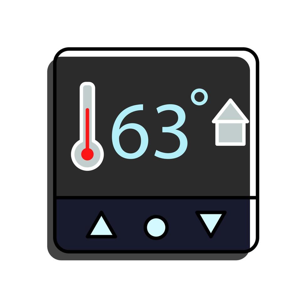 A modern smart thermostat that displays a temperature of 63 degrees. Its digital interface includes a thermometer icon, a house symbol, and control buttons. indicating home automation vector