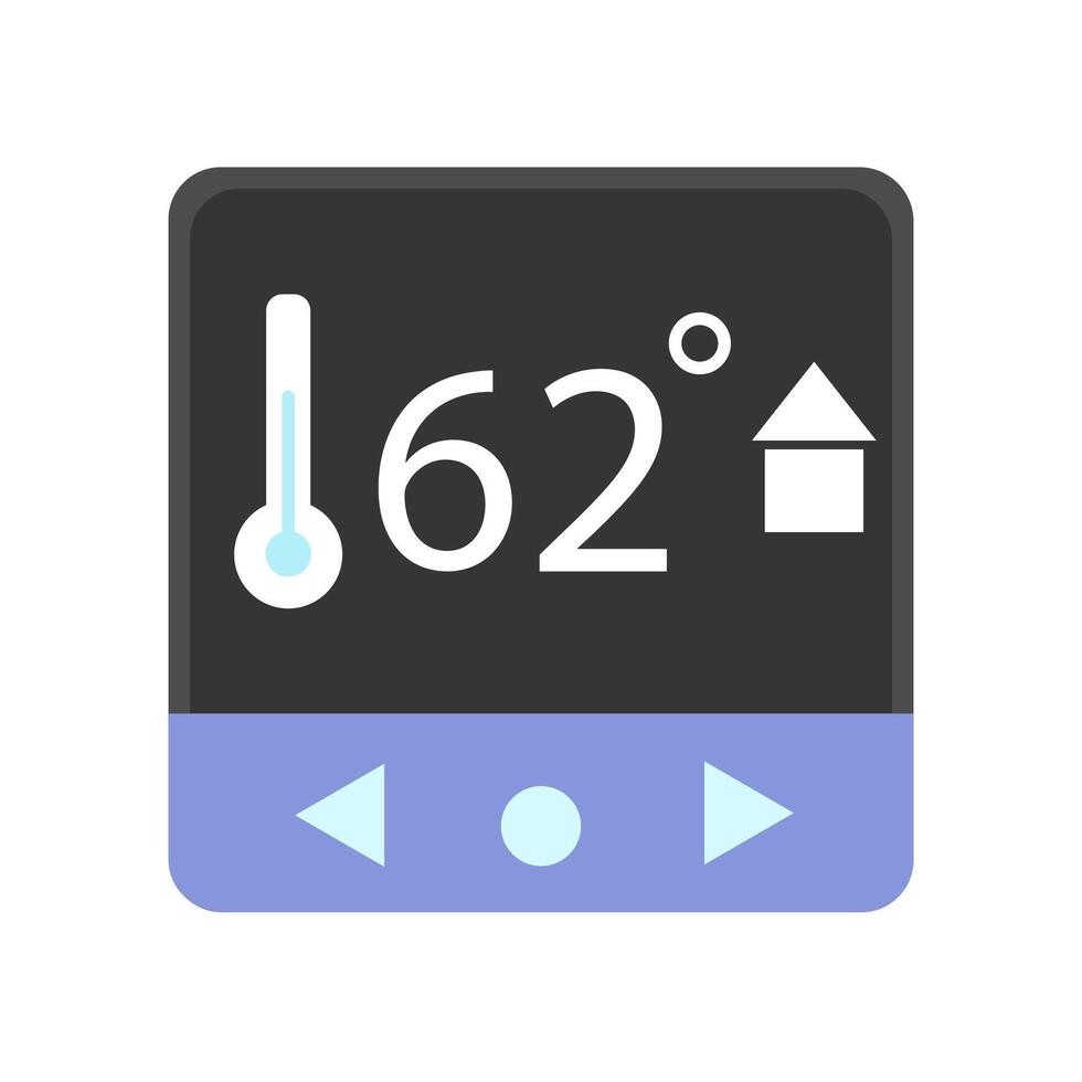 Digital thermostat with a temperature reading of 62 degrees. Relevant to describe modern home heating and cooling systems, smart home technology, and temperature control devices. vector