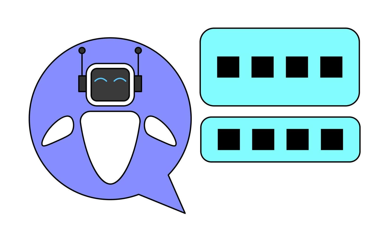 Stylish AI chatbot. The chatbot has a robot face with antennas and a smiling expression, surrounded by purple speech bubbles. Relevant to represent AI, chatbots, and digital communication. vector
