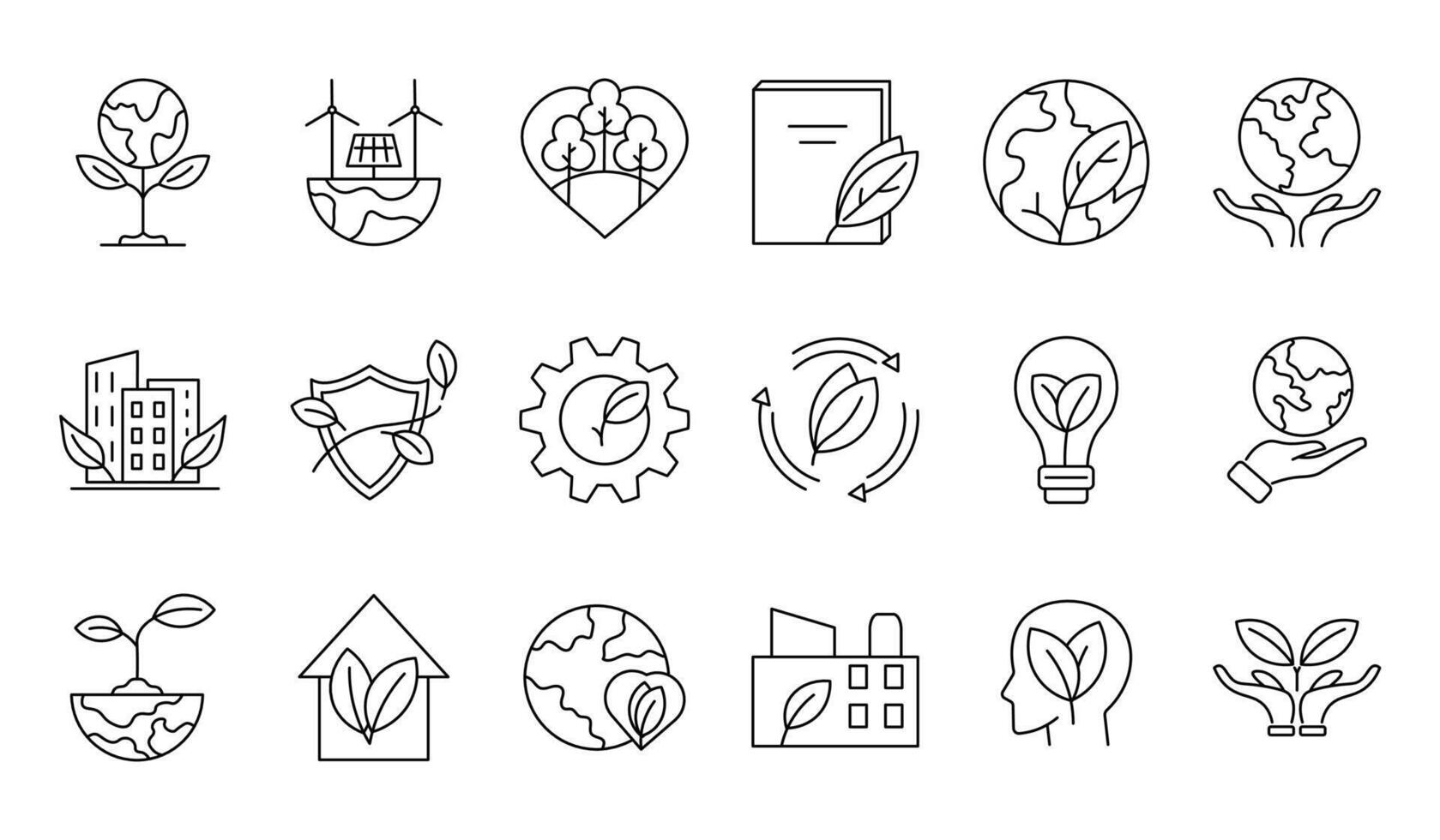Eco friendly line icon set representing sustainability, renewable energy, environmental protection, green technology and nature conservation. Minimalist line style and editable strokes. vector