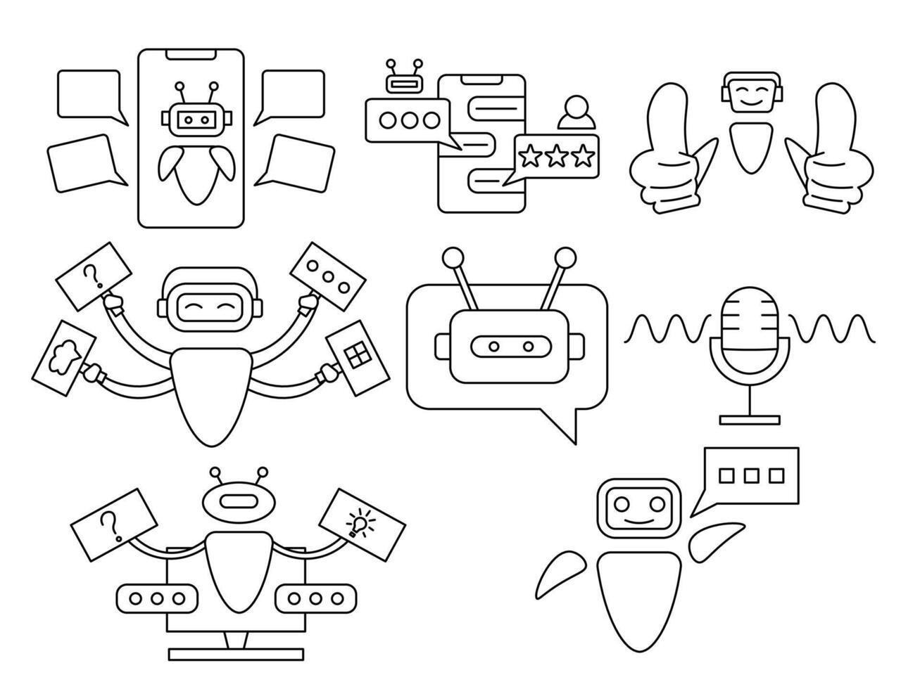 A set of line art depicting chatbots, virtual assistants, conversational AI, automation, and customer support. Ideal for infographics, UI or UX design, and tech-related content. editable line vector