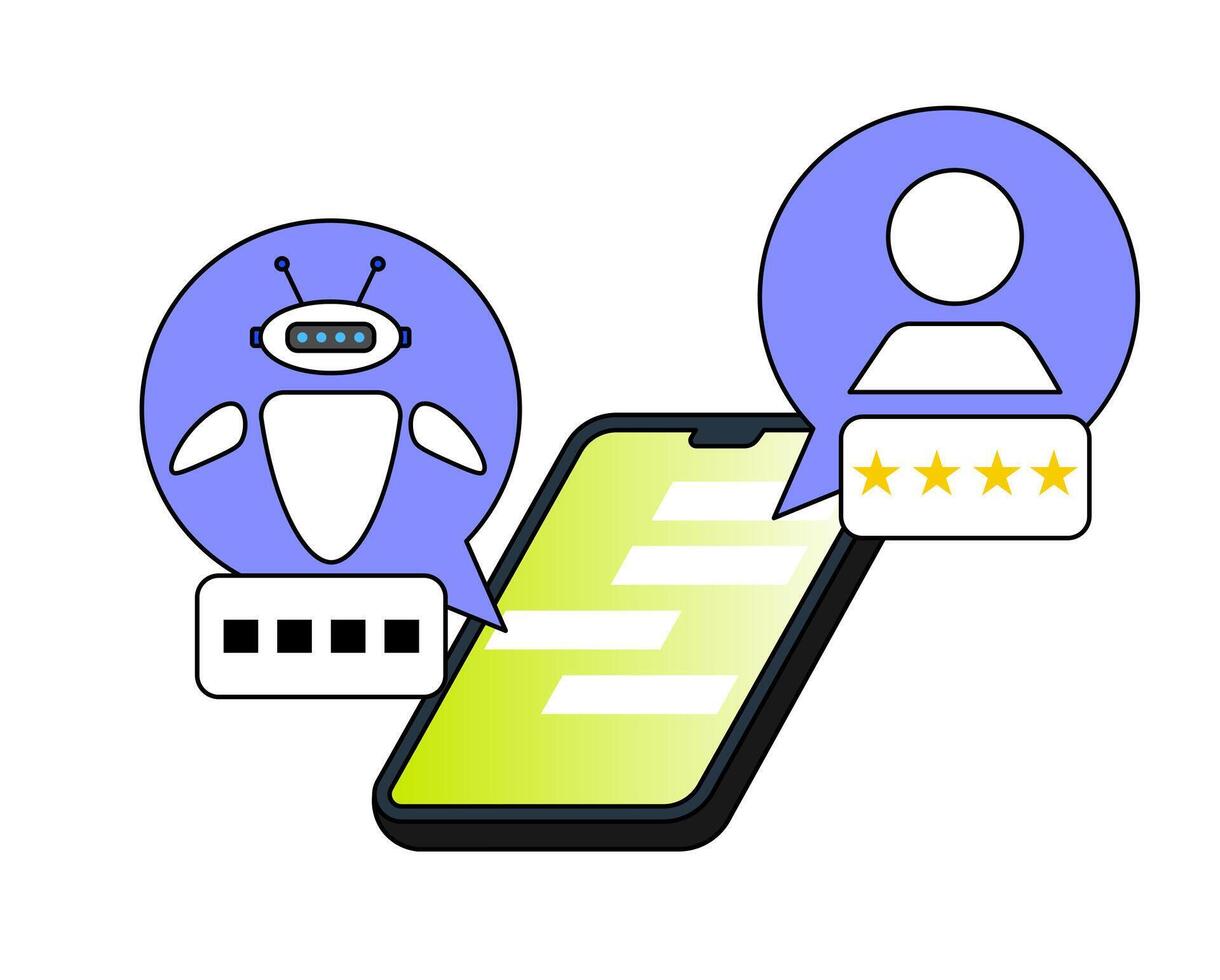 AI customer service interaction that highlights the concept of AI-assisted customer service and user feedback. vector