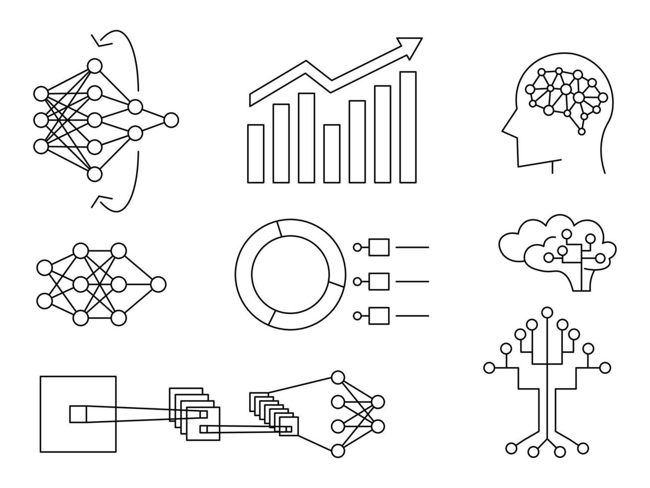 set of line art representing neural networks, artificial intelligence, machine learning, deep learning, data analysis, and cloud computing. relevant related to AI technology. editable lines vector