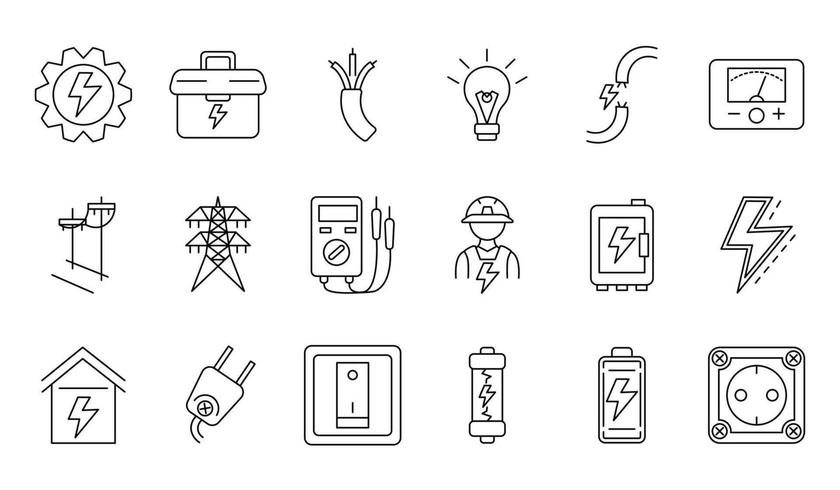 set of electricity icons with minimalist line style. relevant to energy, electricity, engineering and power themes. editable stroke vector