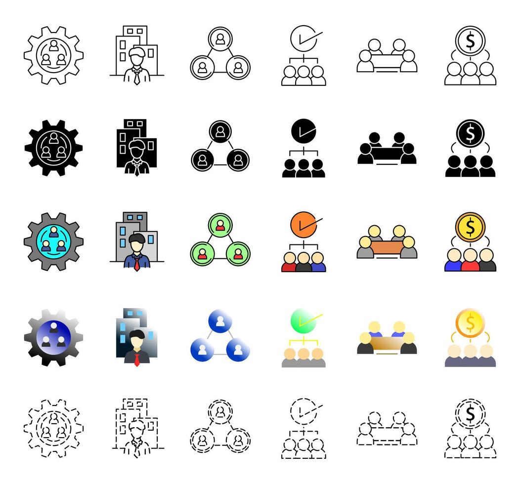 A set of stakeholder icons representing business management, teamwork, leadership, organizational structure, and financial collaboration.with outline, solid, colored, gradient, and dashed styles. vector