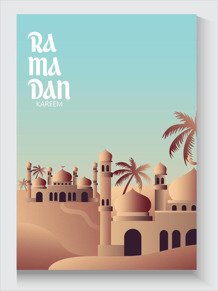 ramadan kareem greeting card background with mosque and palm trees vector