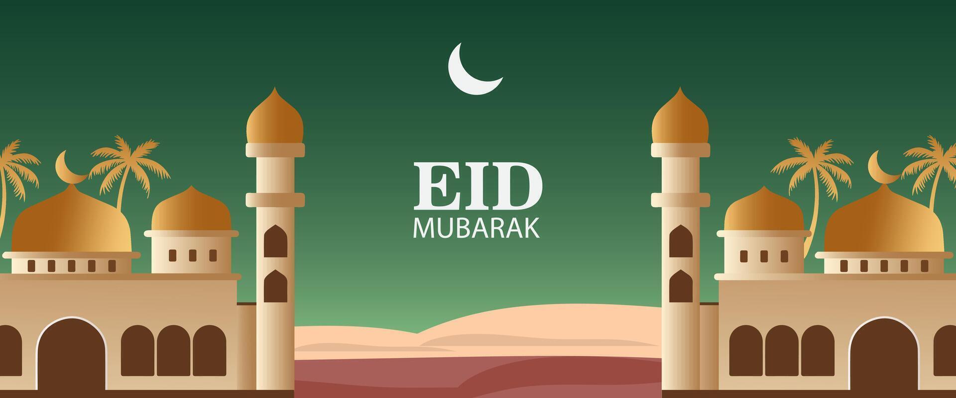 eid mubarak greeting card with mosque and palm trees vector