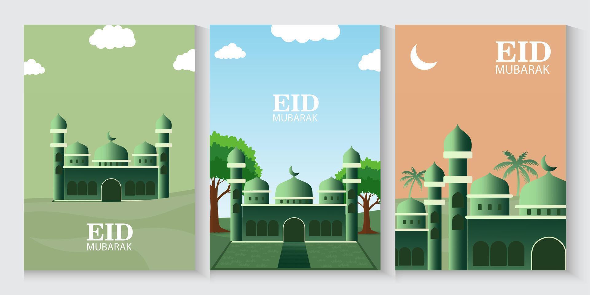 set of greeting card poster banners with the words eid mubarak vector