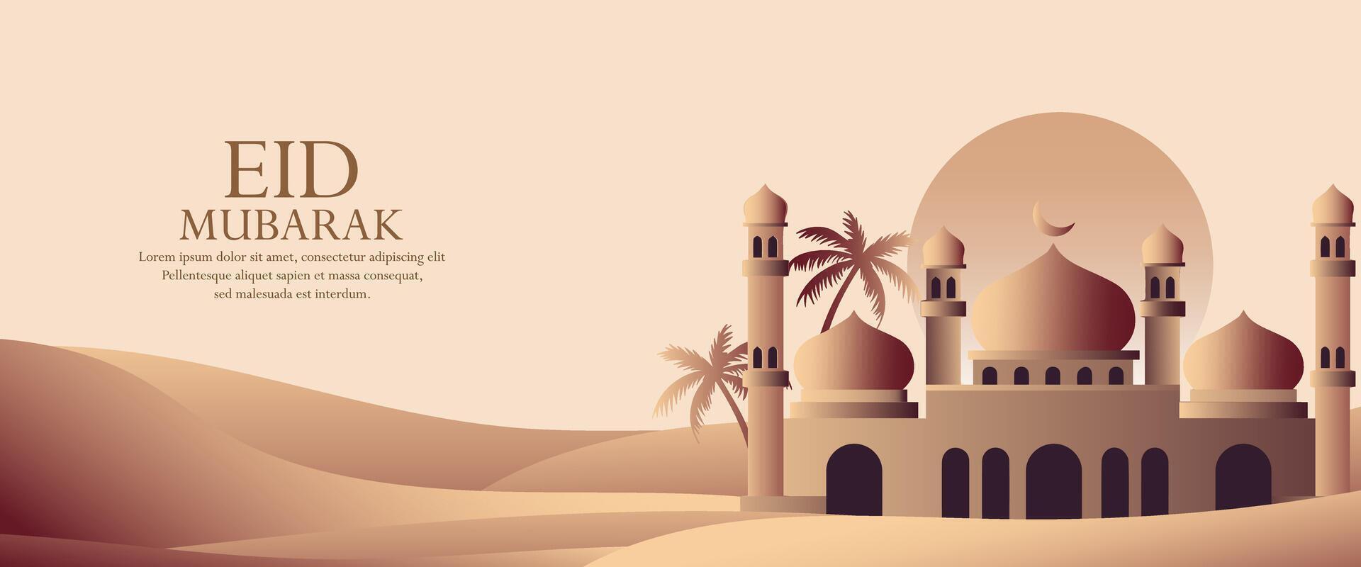 eid mubarak or ramadan background with mosque and palm trees vector