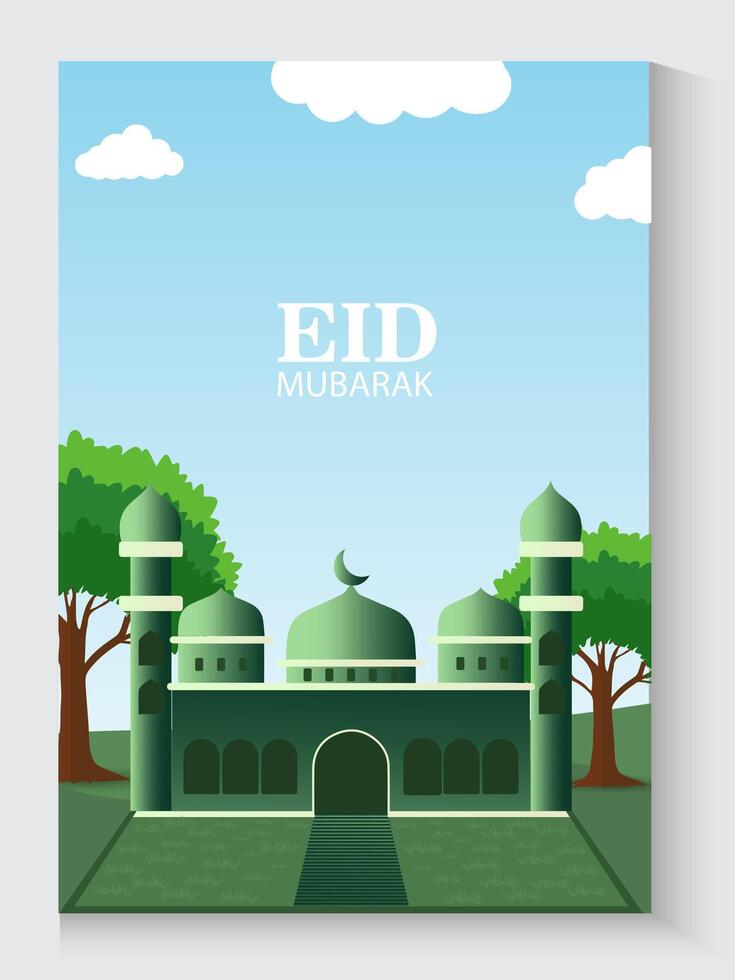 eid mubarak greeting card with mosque and copy space for text illustration vector