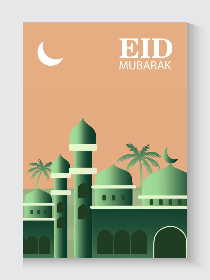 eid mubarak greeting card with green mosque and palm trees vector