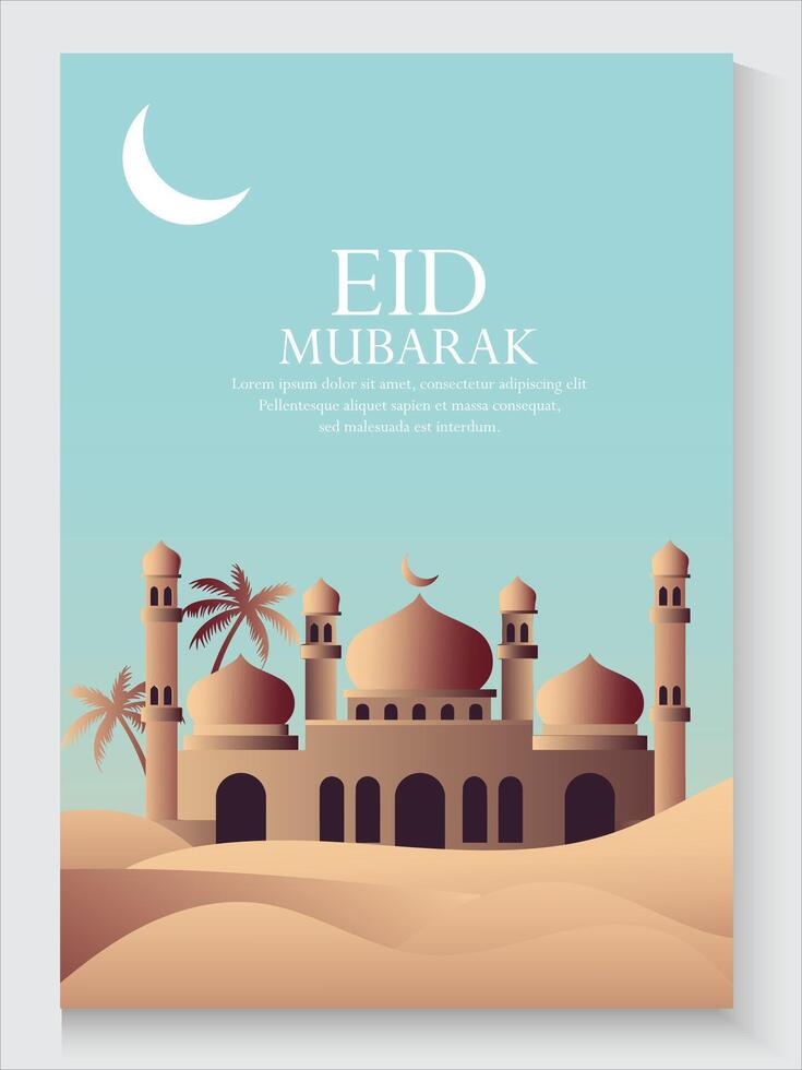 eid mubarak greeting card with mosque and palm trees for islamic background vector