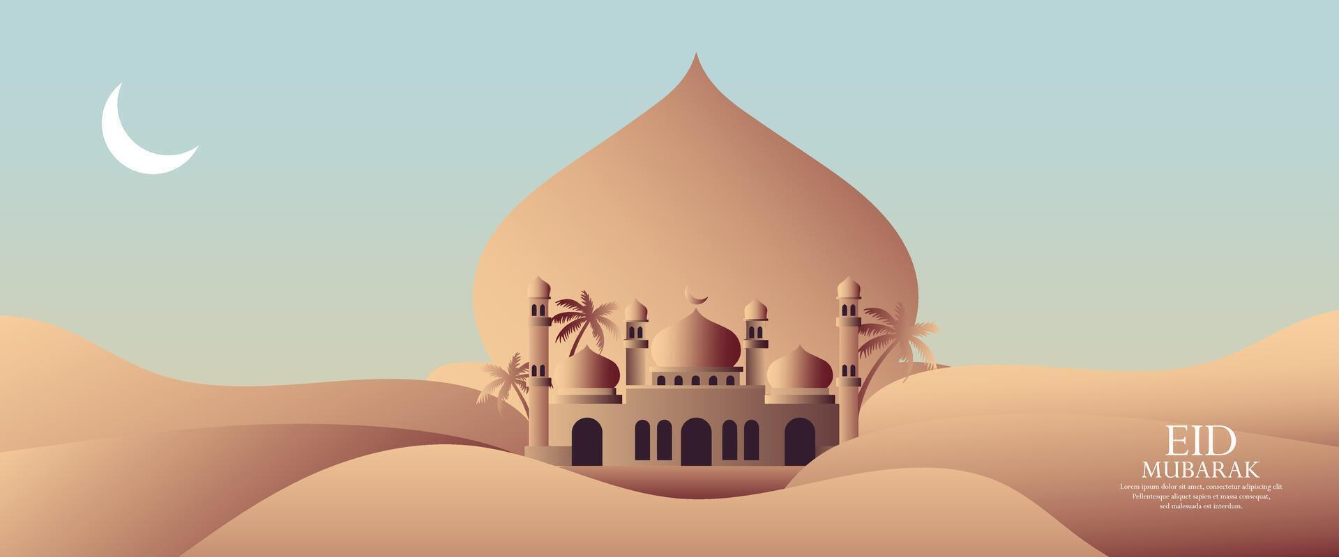 eid mubarak background with mosque and crescent moon vector