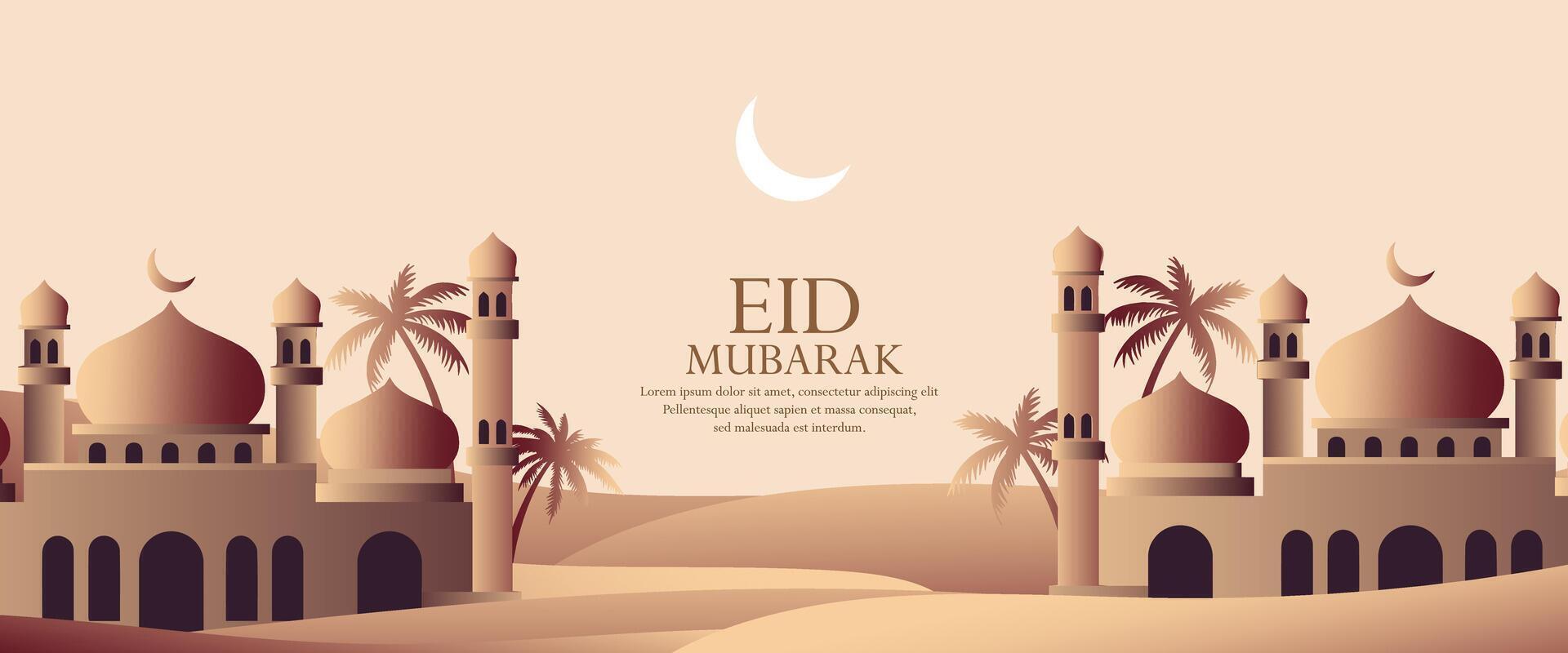 eid mubarak banner background with mosque and palm trees vector